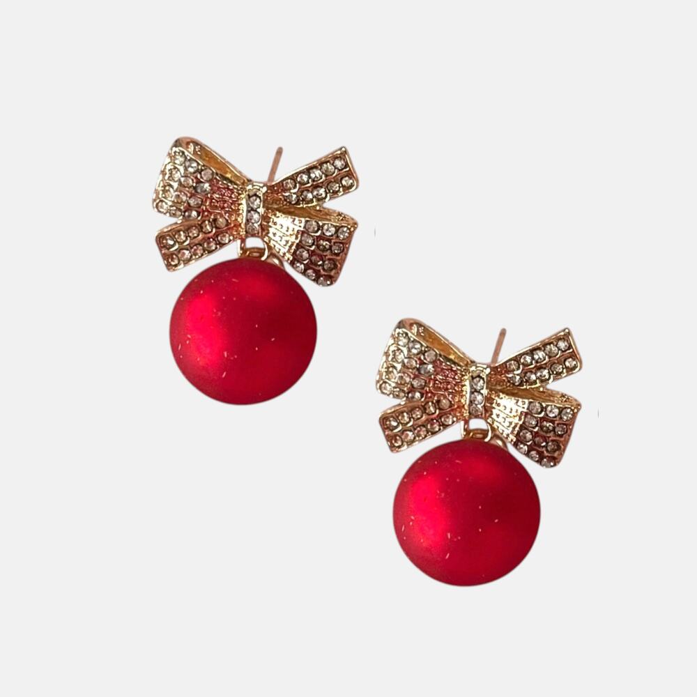 Red Ornament & Crystal Bow Earring